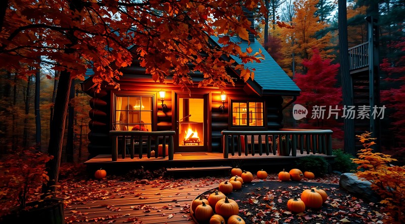 秋日小木屋温馨夜色