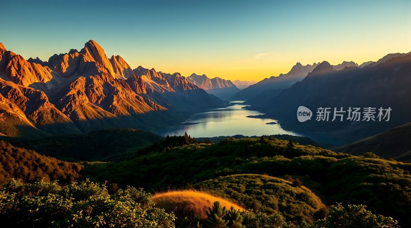 日出时分的壮丽山脉与湖泊景观