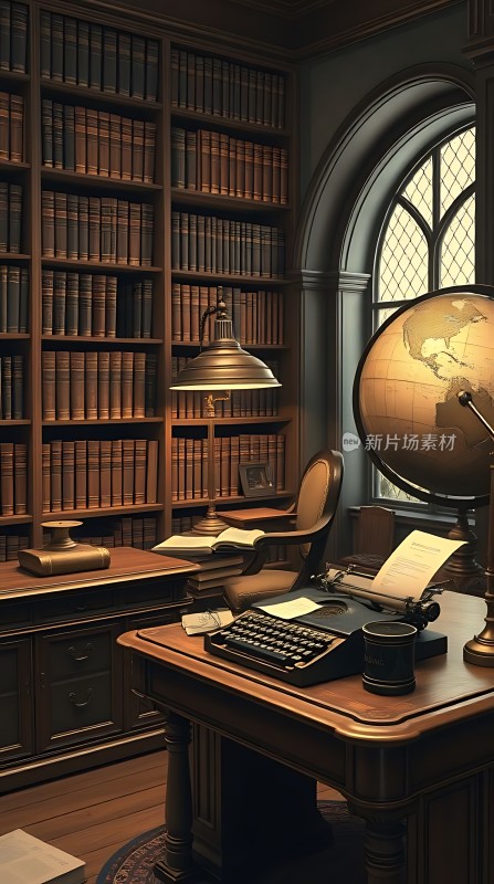 书房一角书架、地球仪与打字机