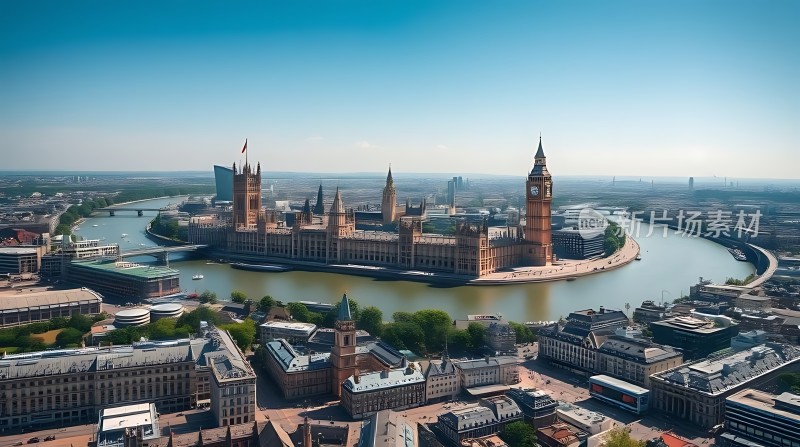泰晤士河畔伦敦眼与国会大厦全景