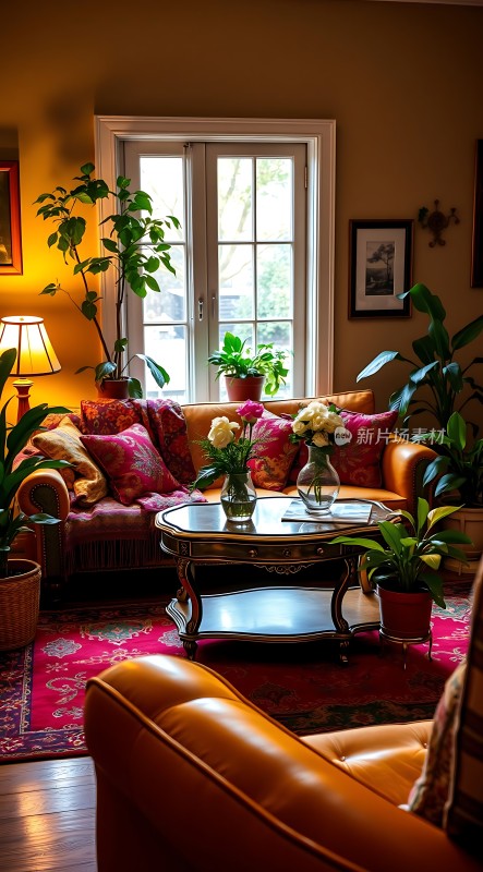 温馨客厅绿意盎然舒适沙发精美装饰