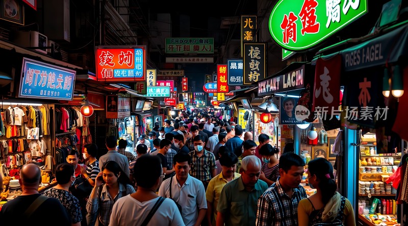 繁华夜市人潮涌动霓虹闪烁商品琳琅满目