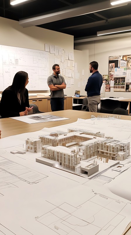 建筑师们讨论建筑模型与设计图纸