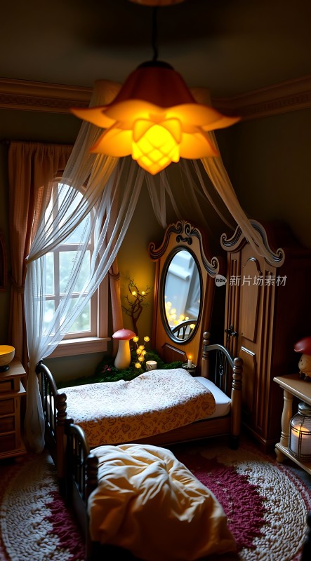 温馨卧室梦幻吊灯舒适床铺自然光线浪漫氛围