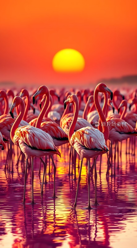火红夕阳映照下的粉红火烈鸟群