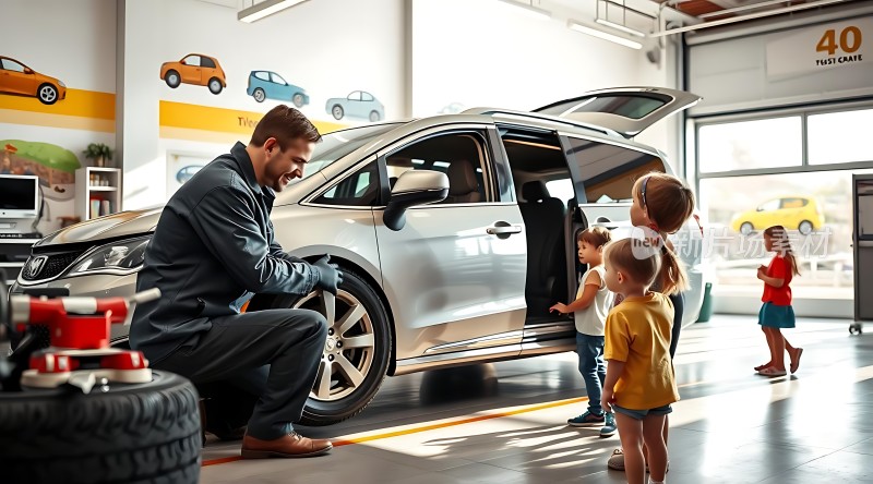 维修工与孩子们在车库中互动的场景