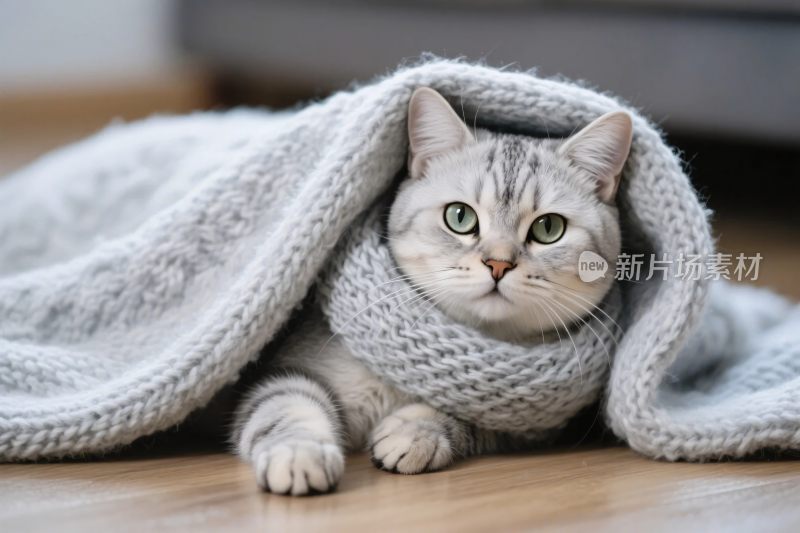 小猫裹毯温馨画面