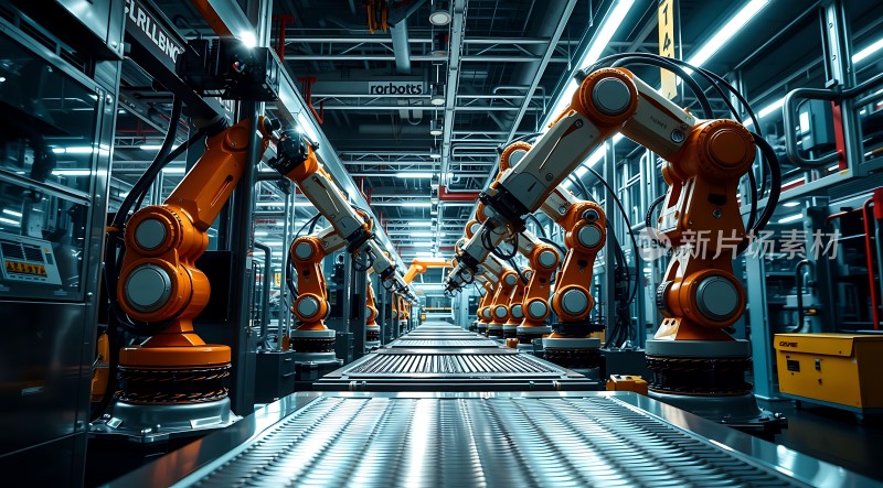 智能工厂生产线上的橙色机器人