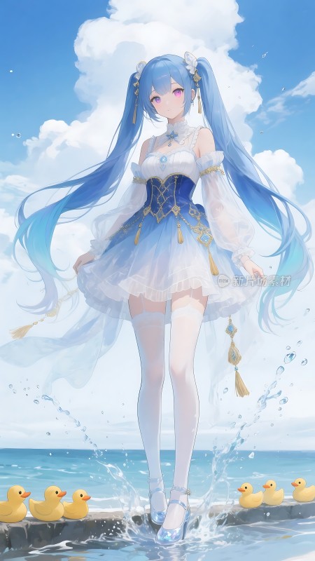 蓝发少女与黄色小鸭