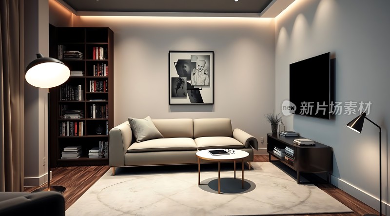 现代简约客厅舒适沙发与艺术装饰画