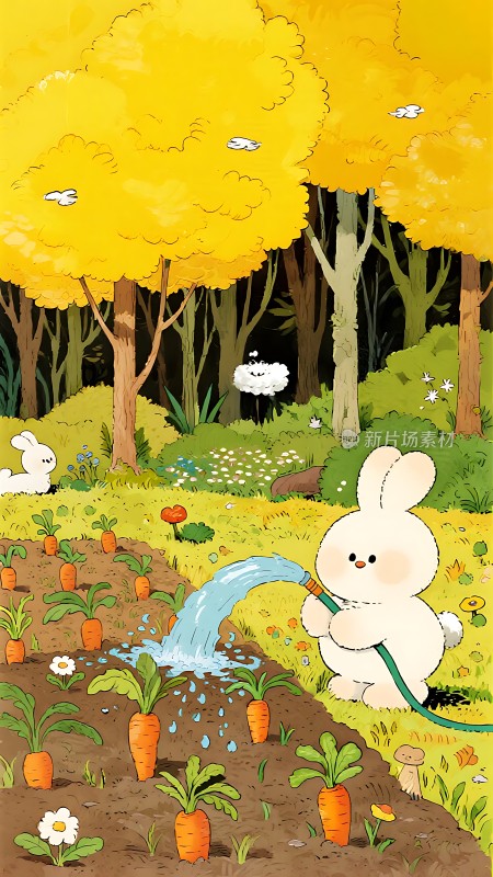 小兔子浇灌胡萝卜园