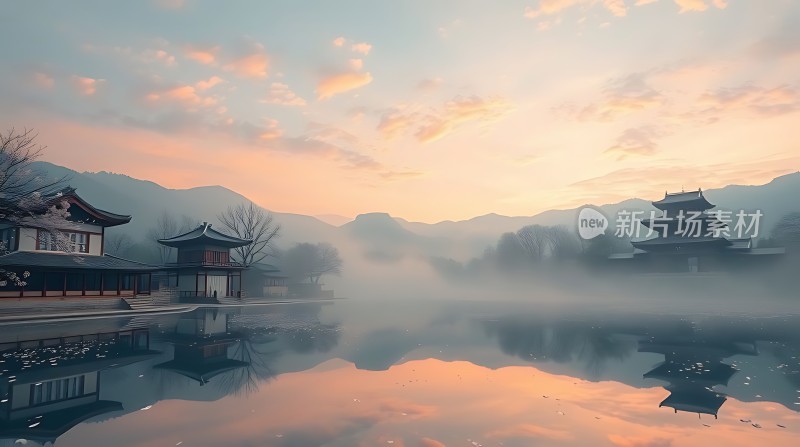 湖畔古建筑日落美景