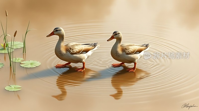 湖畔双鸭戏水图