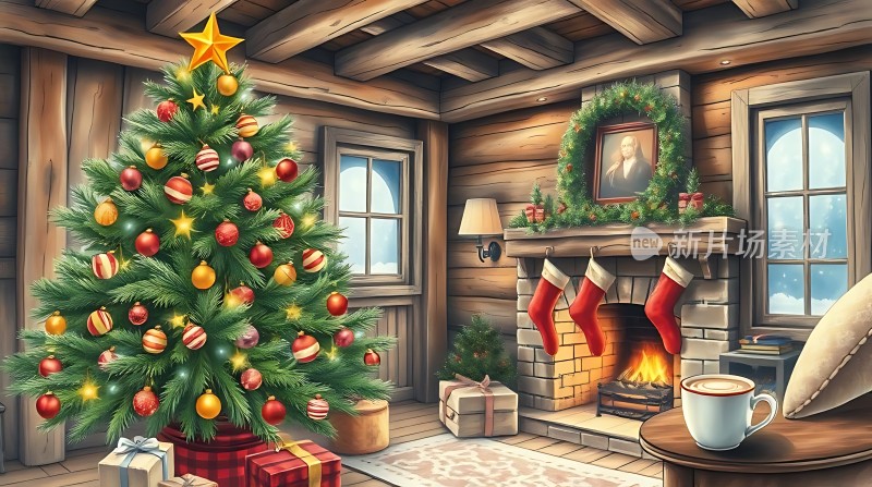 温馨圣诞树下的木屋