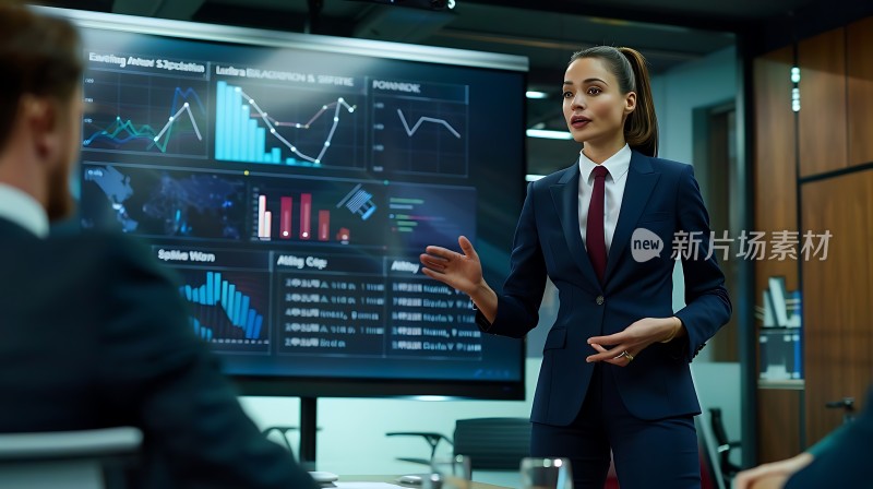 商务会议现场女性演讲者展示数据图表