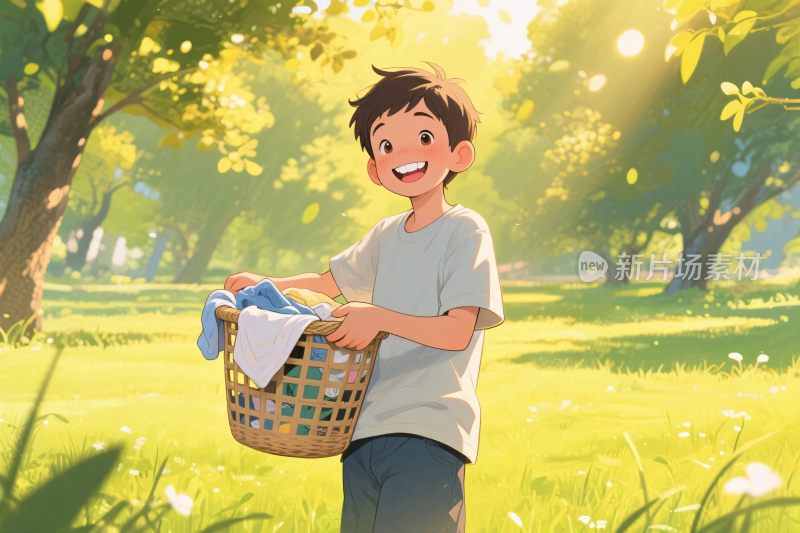 男孩抱洗衣篮户外插画