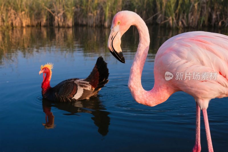 水中的火烈鸟与另一只鸟