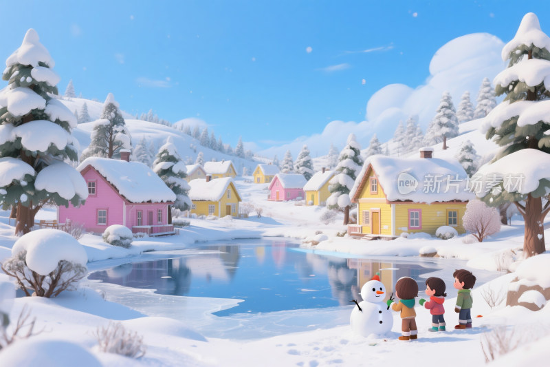 冬季童话般的雪景和孩子们堆雪人