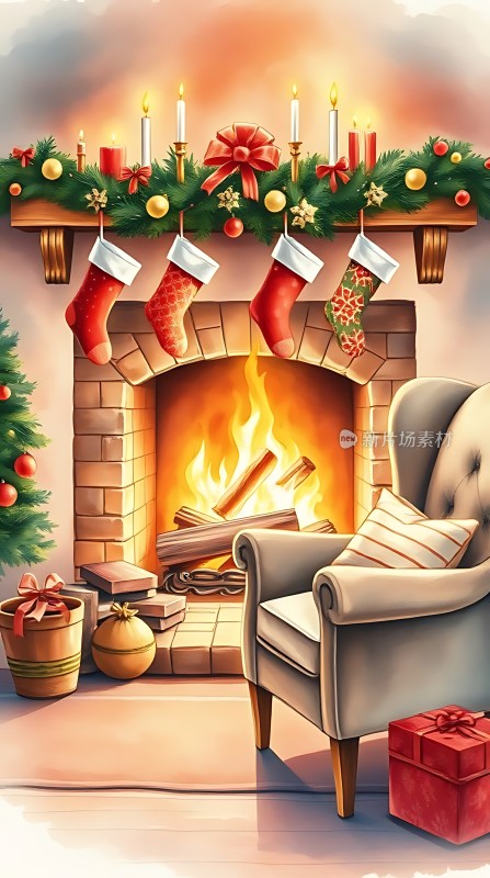 温馨圣诞壁炉场景