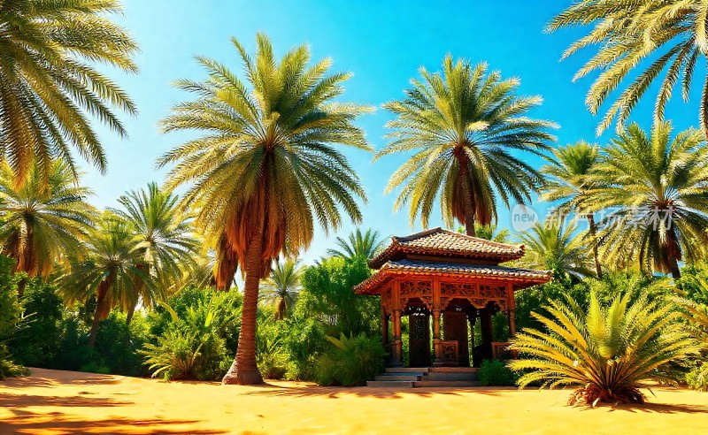 椰林小亭阳光下的宁静绿洲