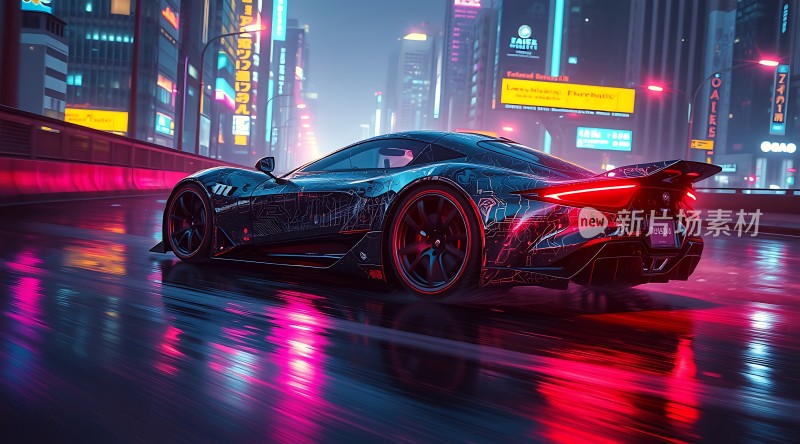 赛博朋克之夜疾驰的未来座驾