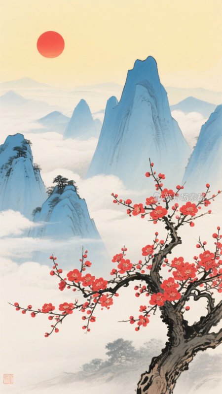 红梅映山红日图