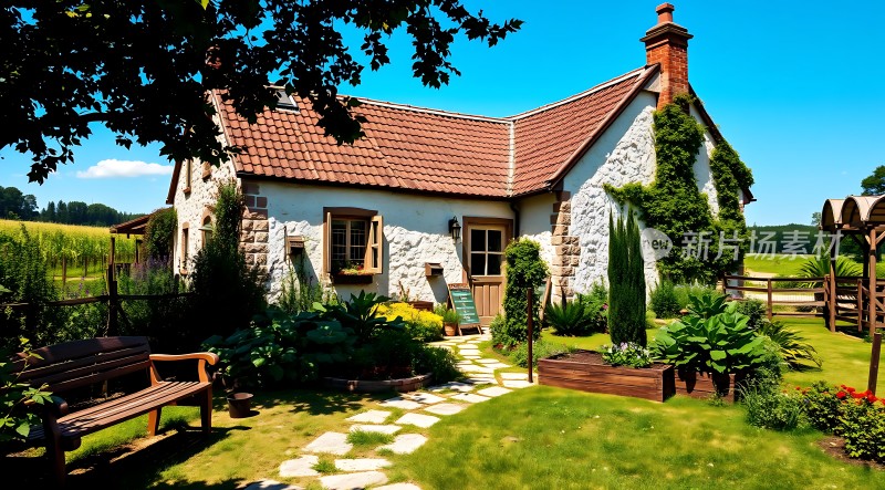 乡村小屋绿意盎然宁静家园