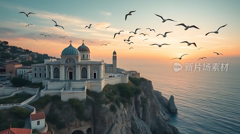 海边的教堂与飞翔的海鸥