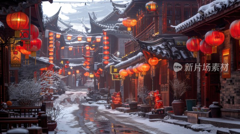 冬天中国塔楼古镇下雪古风雪景