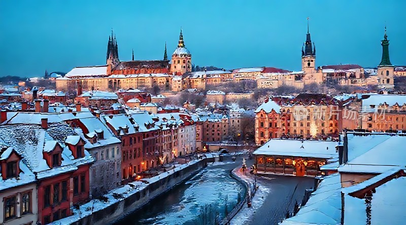 雪夜下的布拉格城堡与查理大桥