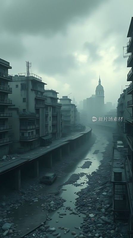 废弃都市中的孤寂河流