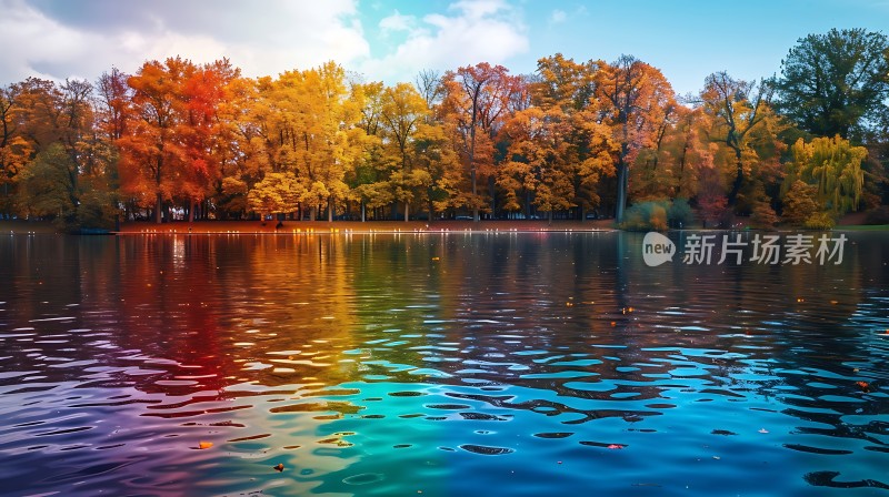 秋日湖畔五彩斑斓映水波