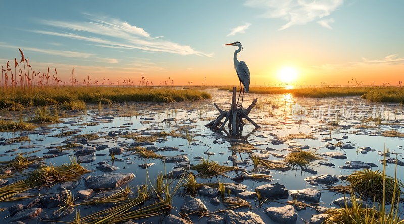 日出时分的湿地白鹭