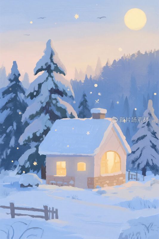冬季雪景暖木屋