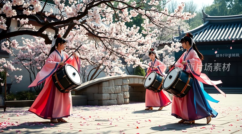 春日樱花下三位女子身着汉服击鼓起舞