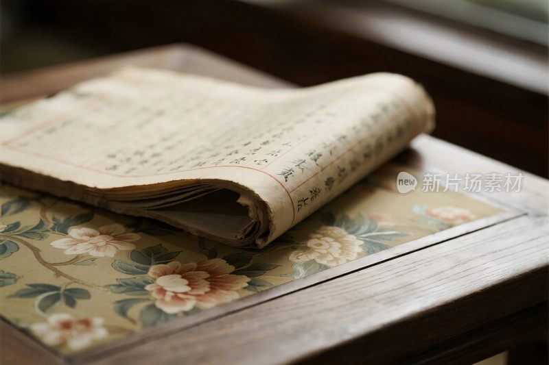 古朴书卷置于花纹桌案上