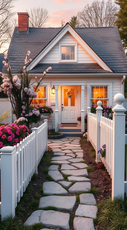 温馨小屋石径通幽花团锦簇白墙灰瓦
