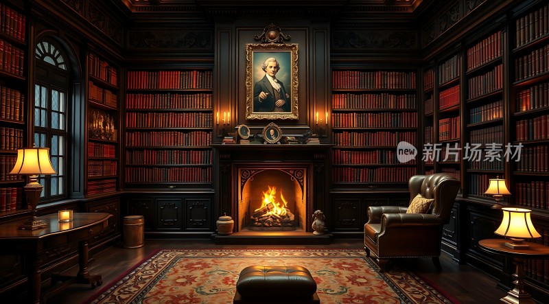 古董书房里的温暖壁炉