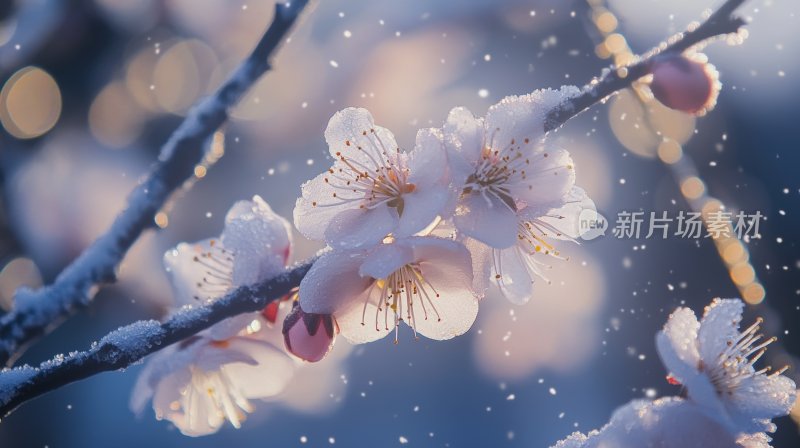 冬天树枝花朵冬季雪景飘雪寒梅