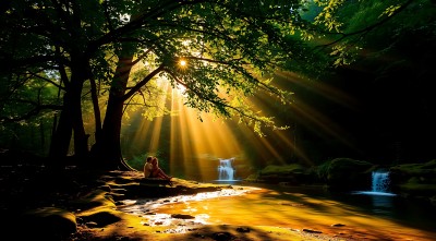 阳光下的森林小溪旁两个人坐在岩石上享受宁静时光 阳光下的森林小溪旁两个人坐在岩石上享受宁静时光