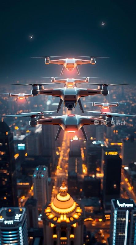 无人机编队夜航城市上空