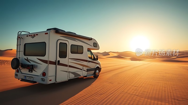 沙漠露营车金色夕阳下的冒险之旅
