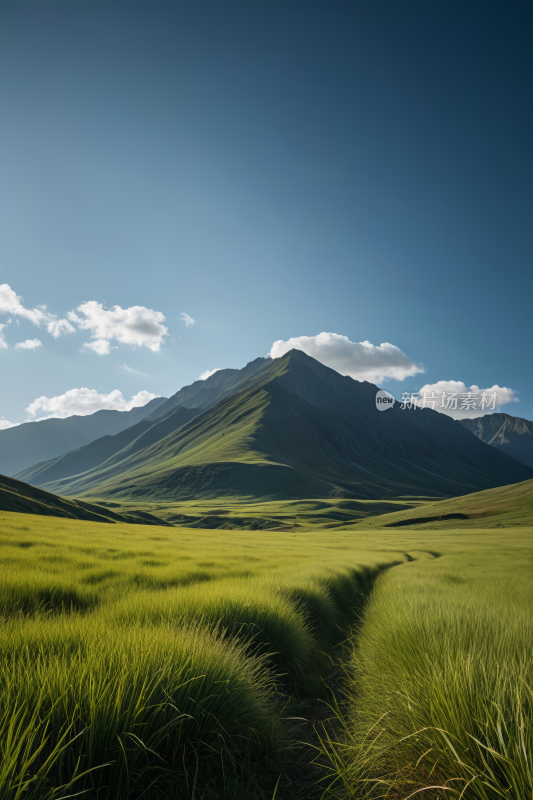 草地一条小路通向的一座高山清风景图片