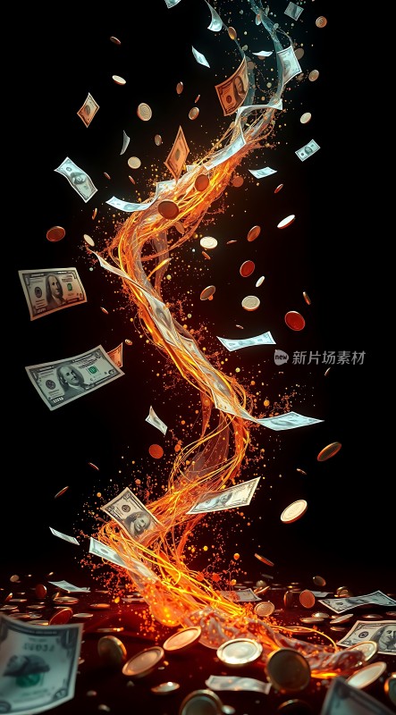 金钱风暴美元与硬币在火焰中飞舞
