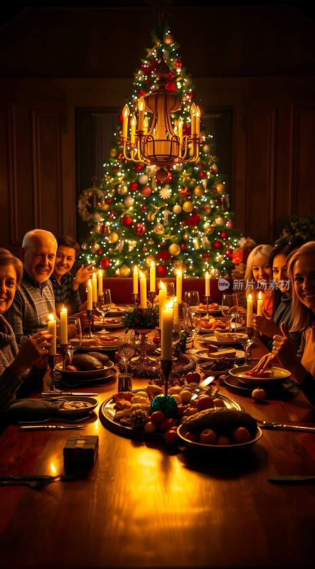温馨圣诞家庭聚餐灯光璀璨美食丰盛