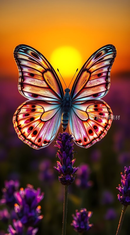 日落下的紫色花丛中翩翩起舞的蝴蝶