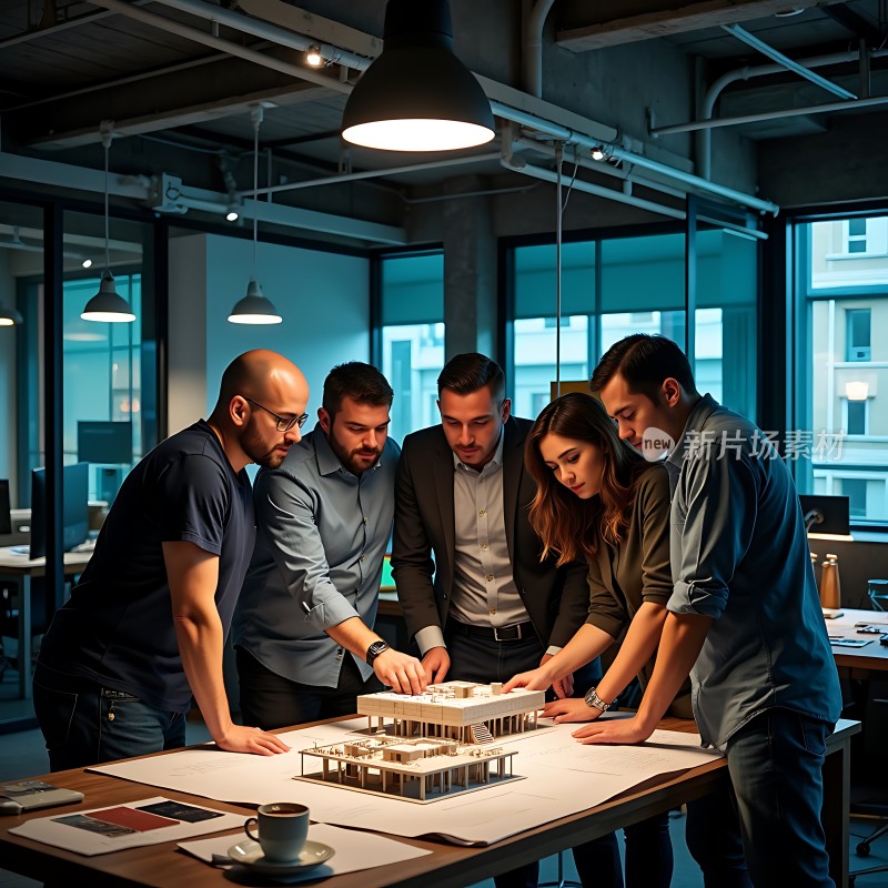 团队协作共同探讨建筑模型设计