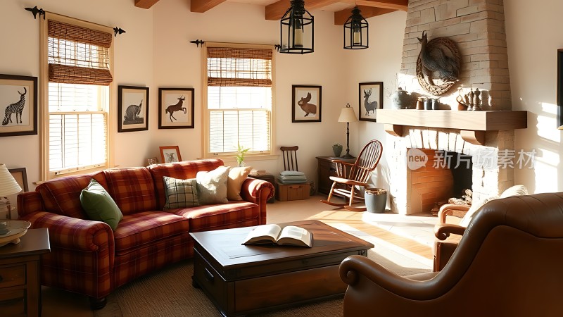 温馨客厅舒适沙发温暖壁炉自然光线