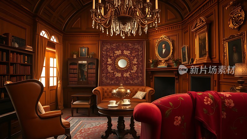 豪华书房古典优雅书架、沙发、吊灯尽显奢华