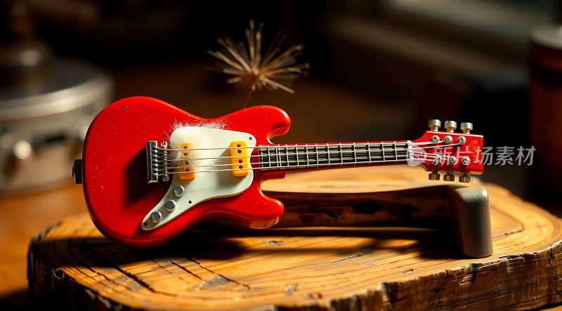 红色吉他静置木桩上阳光洒落显温馨